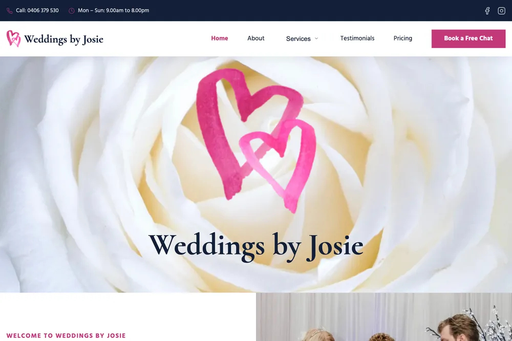 Hero of the redesigned Weddings By Josie website