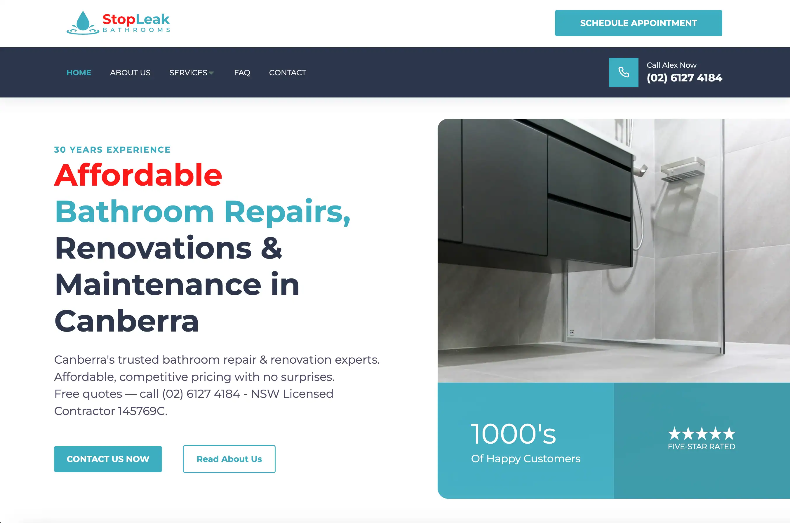 Stop Leak Bathrooms website hero showing bathroom repair and renovation services in Canberra