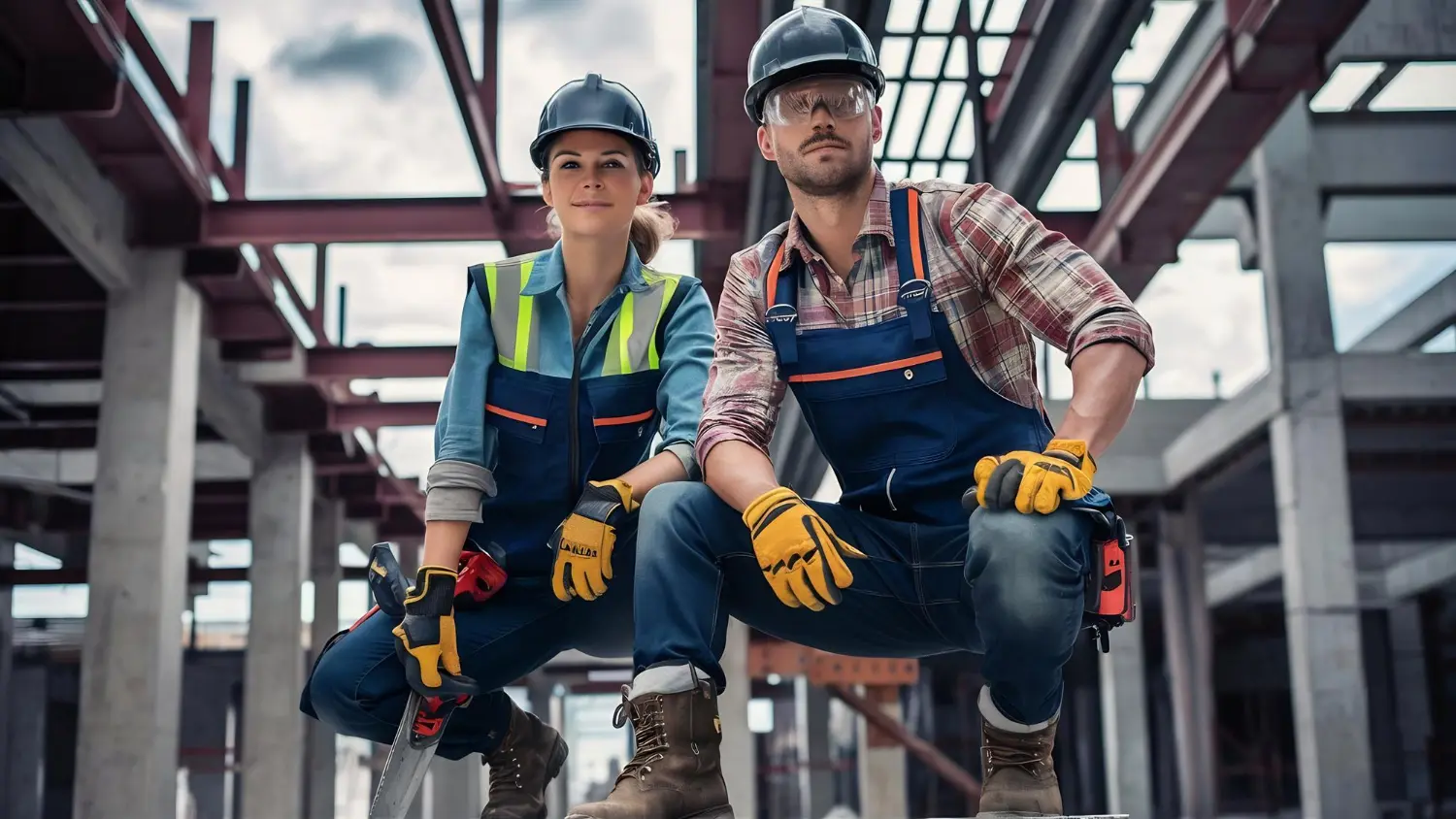 Two Canberra tradies in hard hats and hi-vis on a steel-framed construction site