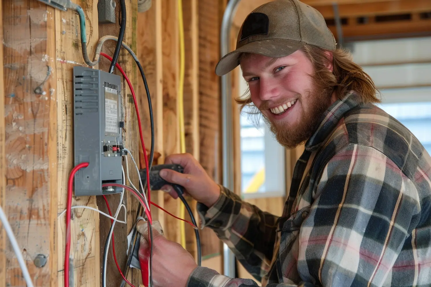 Smiling Canberra electrician wiring a switchboard on a job site